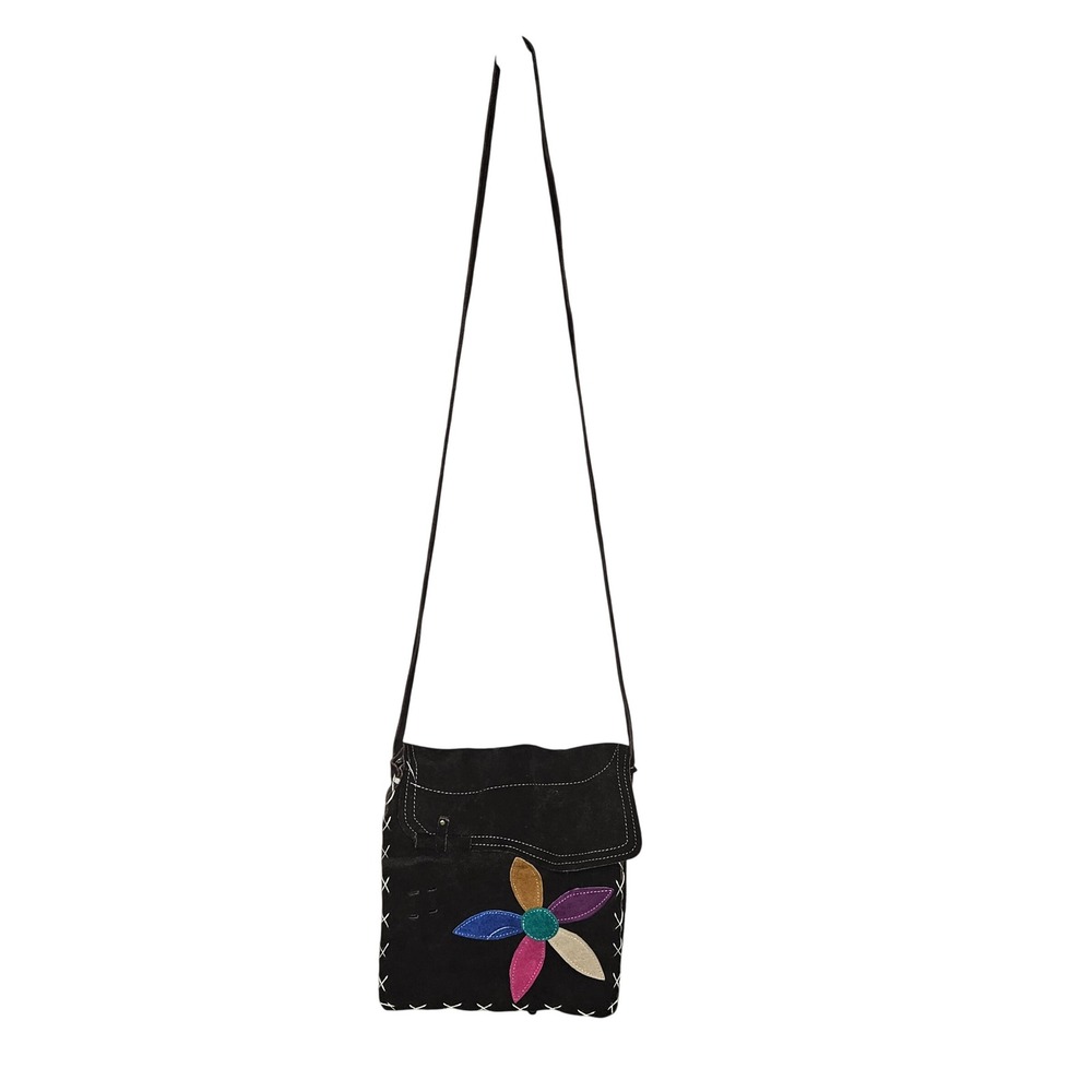 Vintage Boho Brown Suede Crossbody Bag Floral Applique Whipstitch Messenger